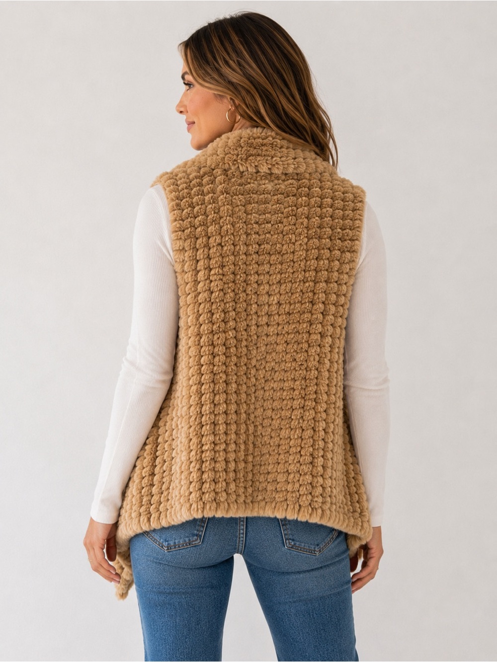 Dolce Cabo Camel Faux Fur Textured Open Front Vest Cardigan Cozy Size Medium - Picture 2 of 10